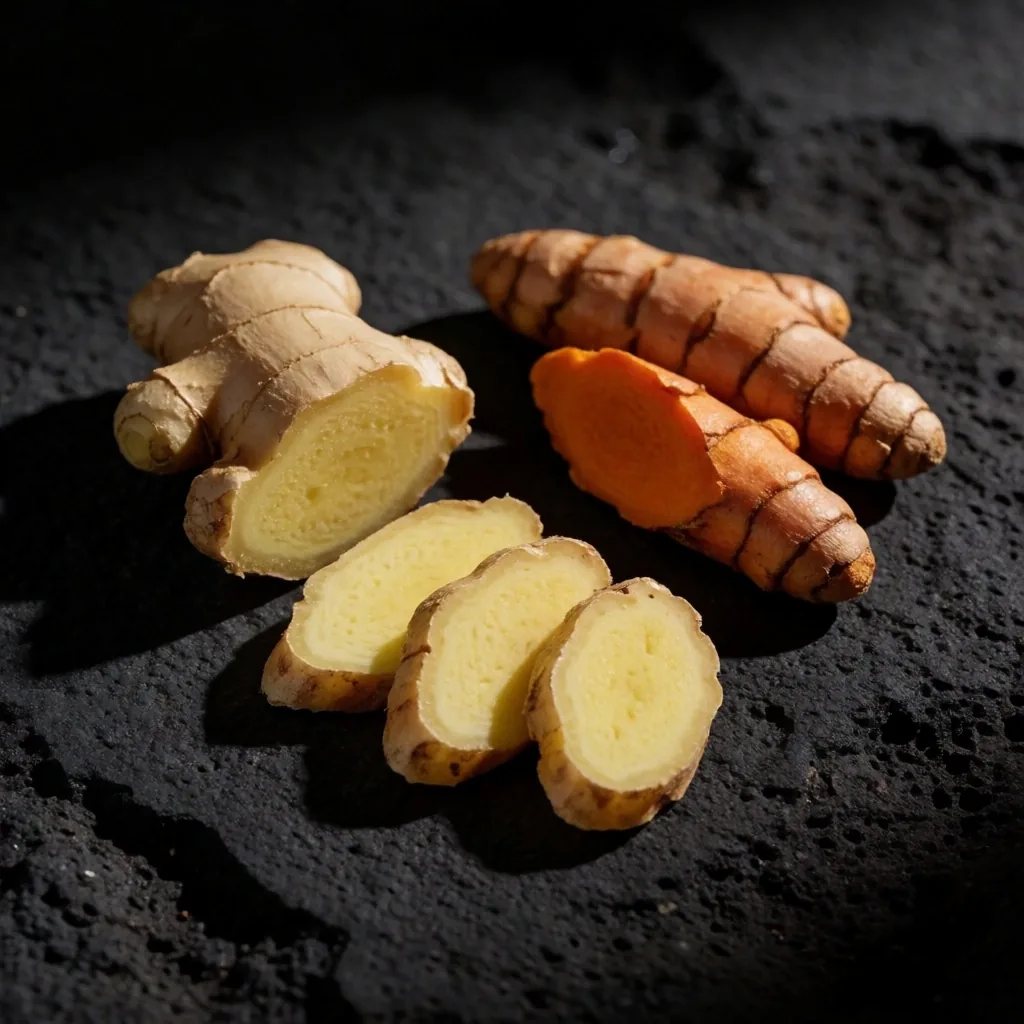 Indonesian ginger and turmeric roots photographed under dramatic low-key lighting