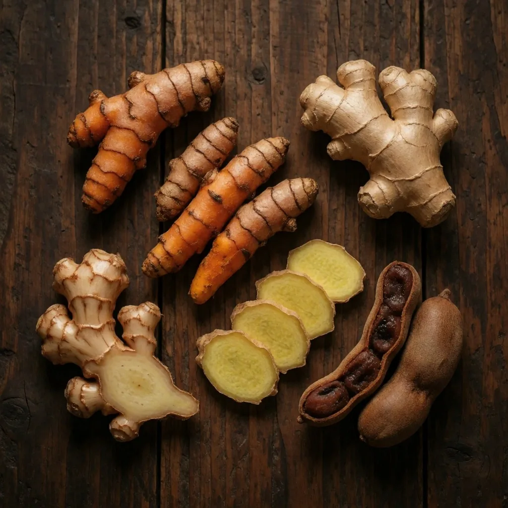 Traditional Indonesian Jamu herbal ingredients arranged on dark wood