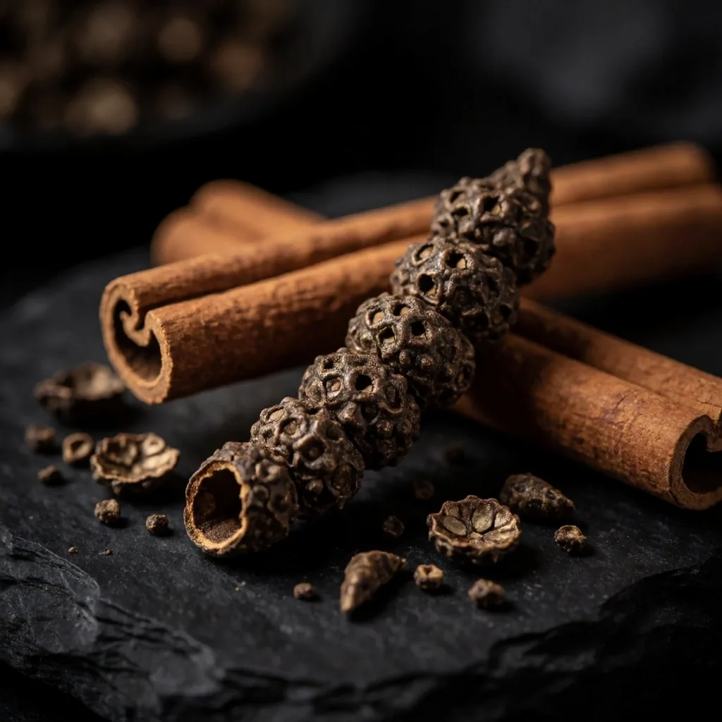 Dried botanical herbs on a dark surface