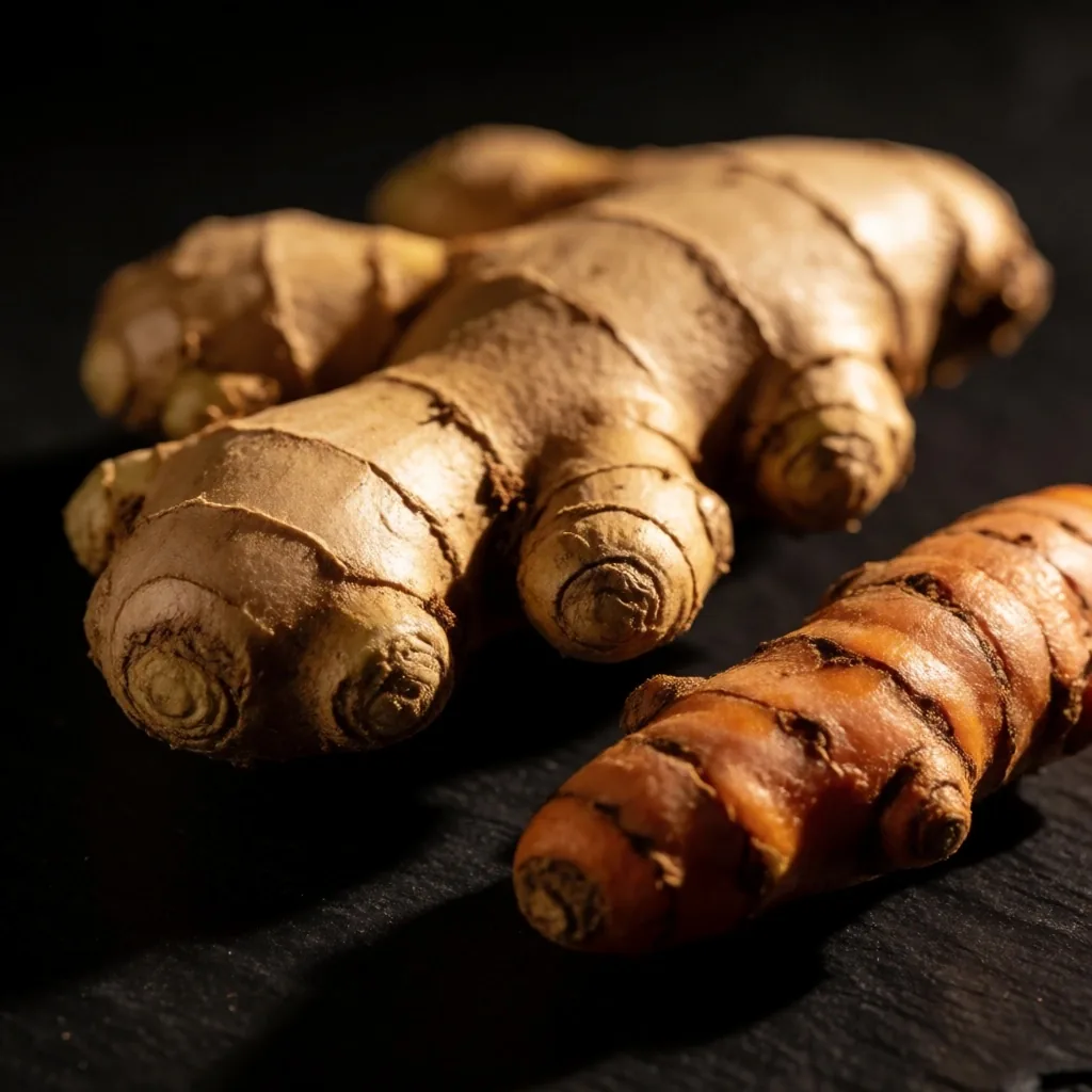 Fresh Indonesian ginger and turmeric roots on a dark surface