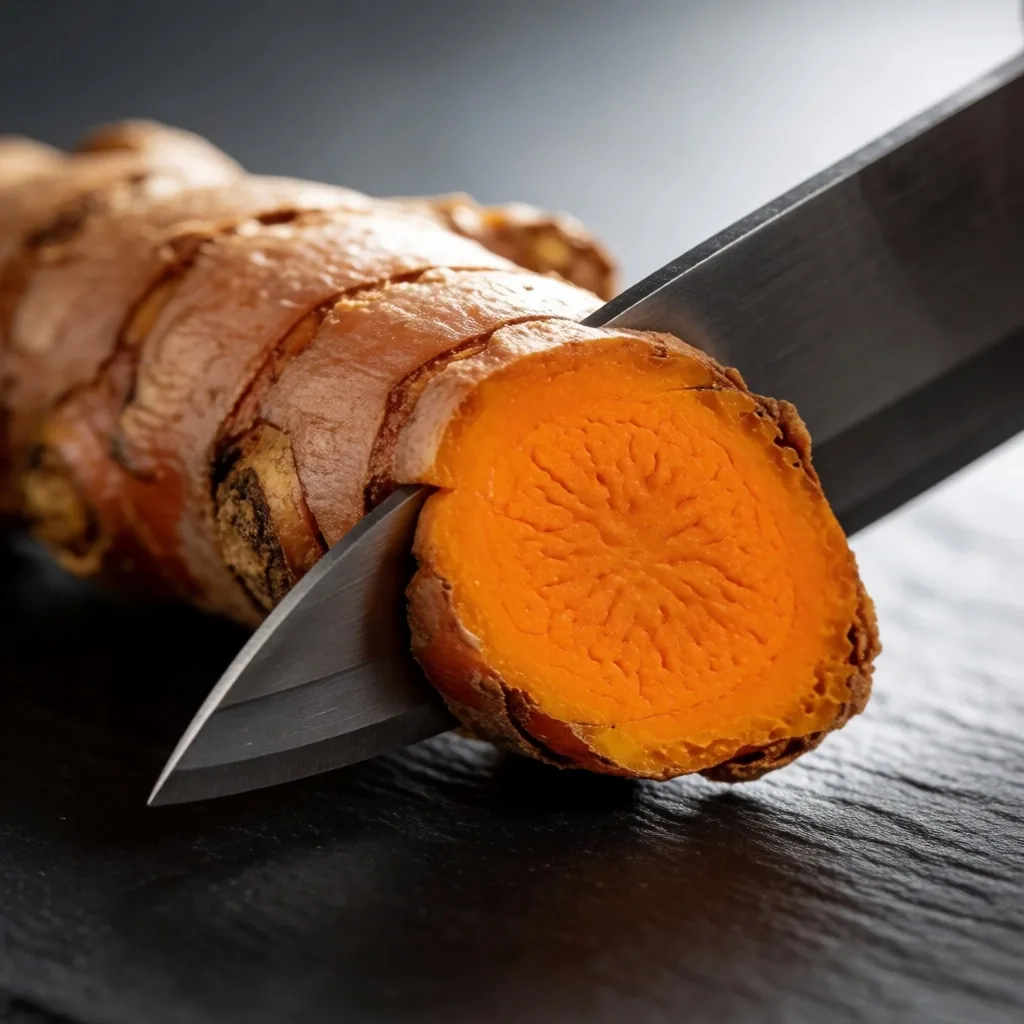 Fresh turmeric root and ginger on a dark surface