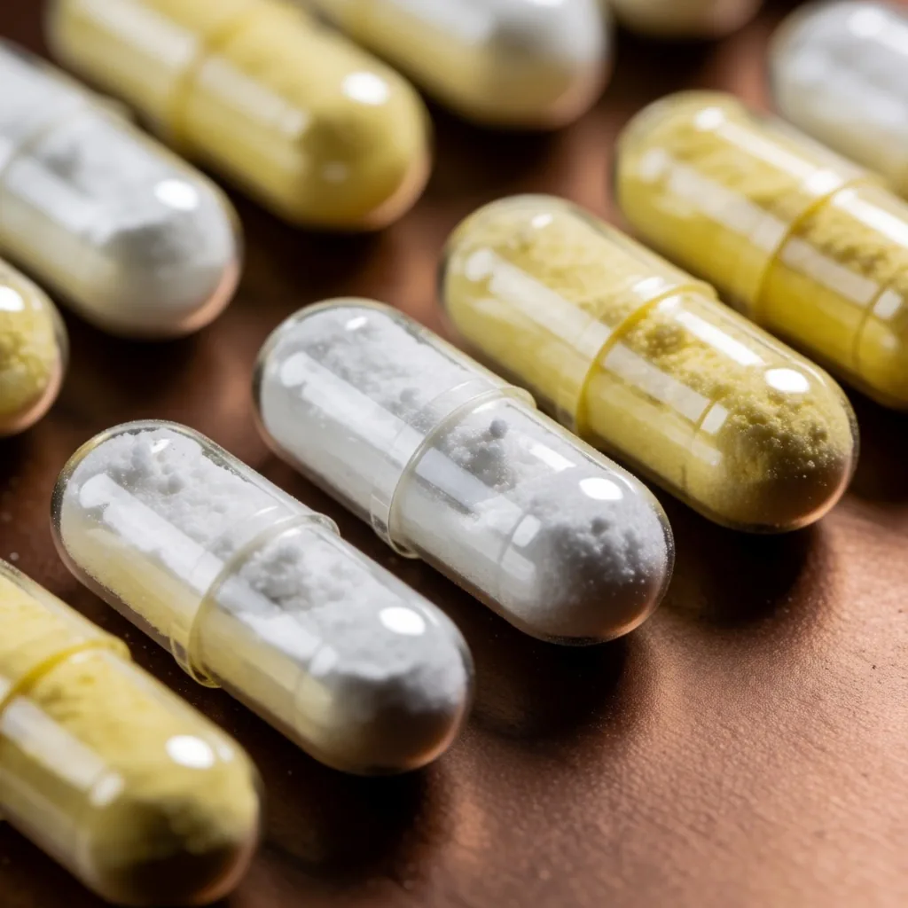 Vitamin capsules and natural ingredients arranged on a dark surface