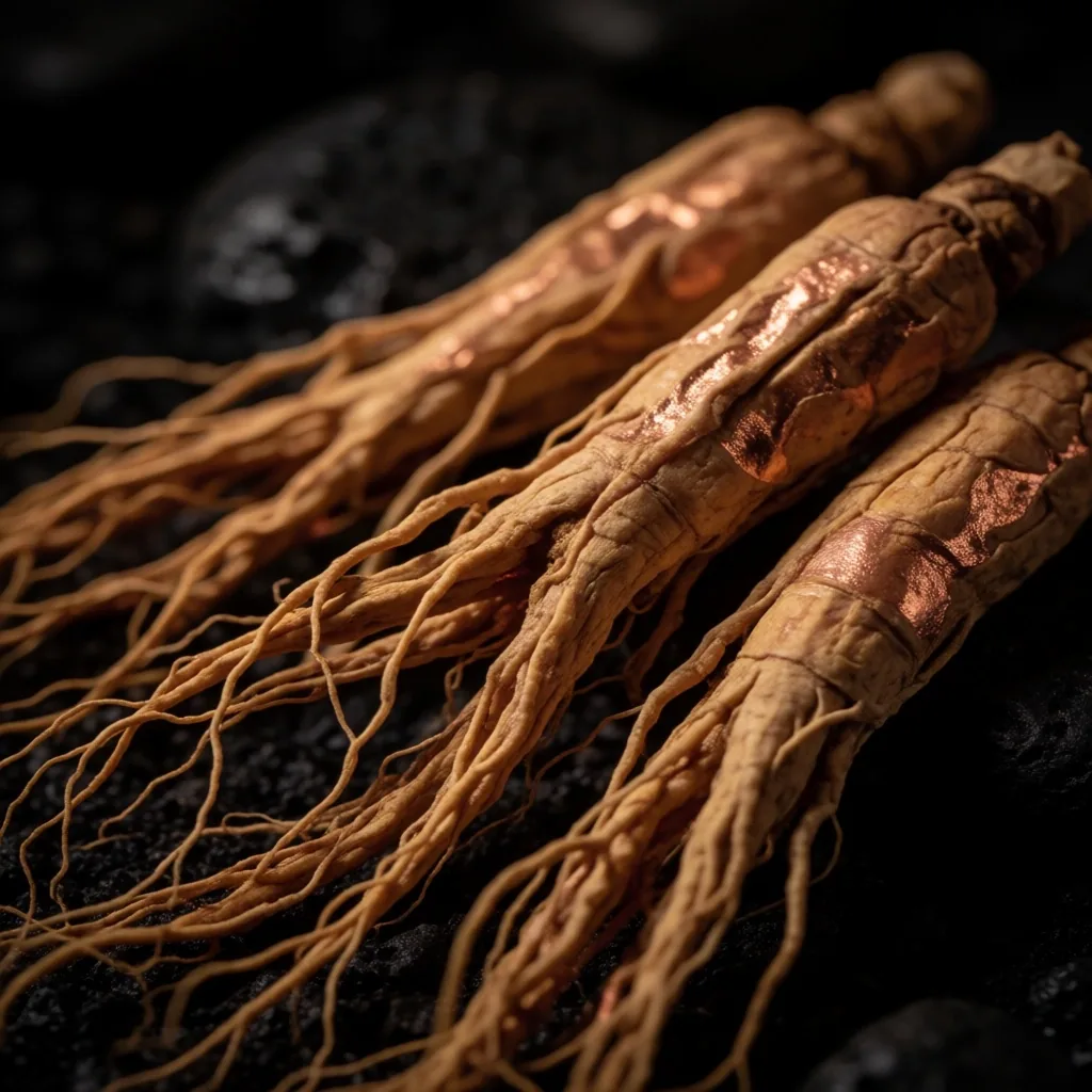 Dried ginseng roots on dark stone