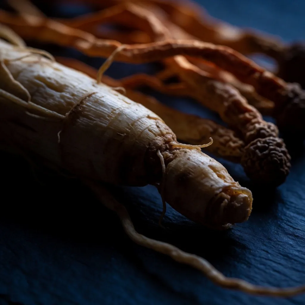 Ginseng root and cordyceps mushroom on dark surface