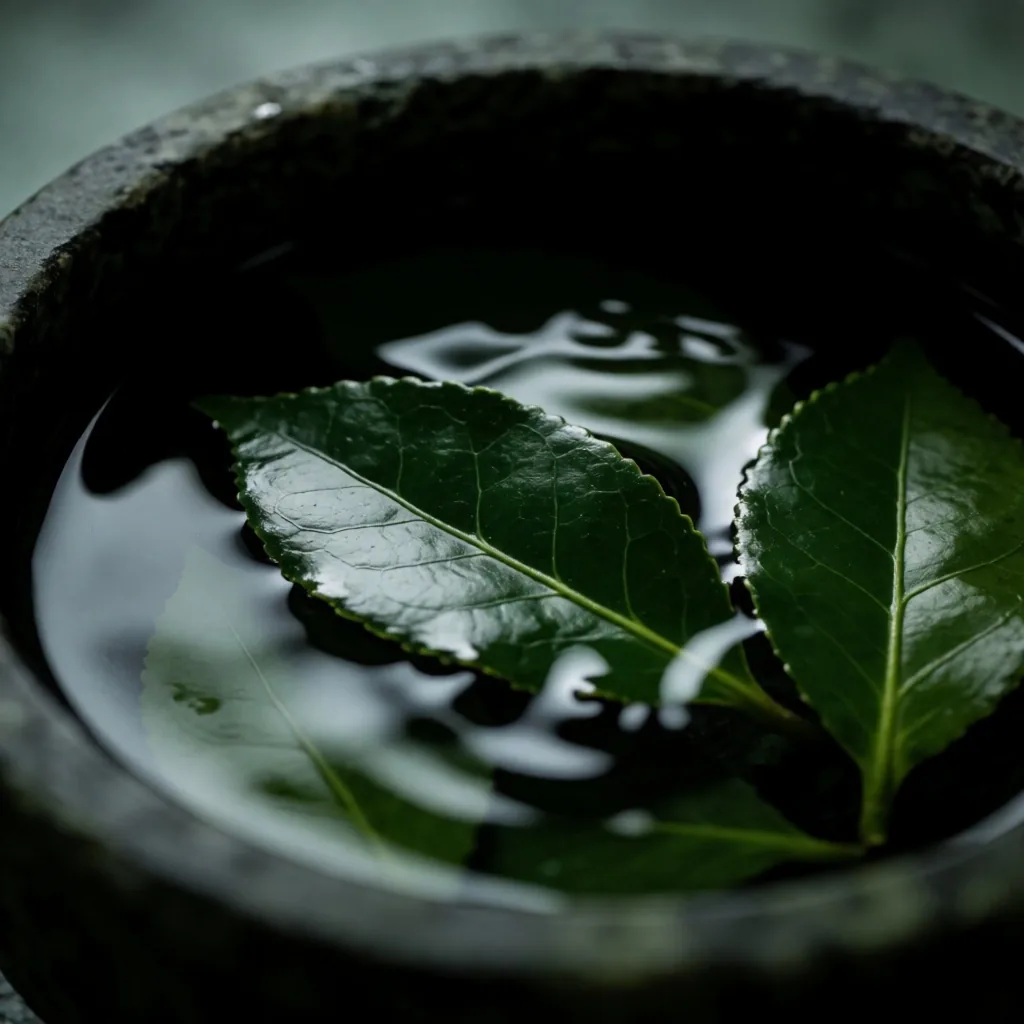 Green tea steeping in dark cup