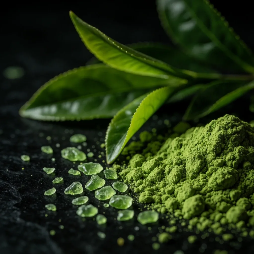 Green tea leaves and matcha powder macro