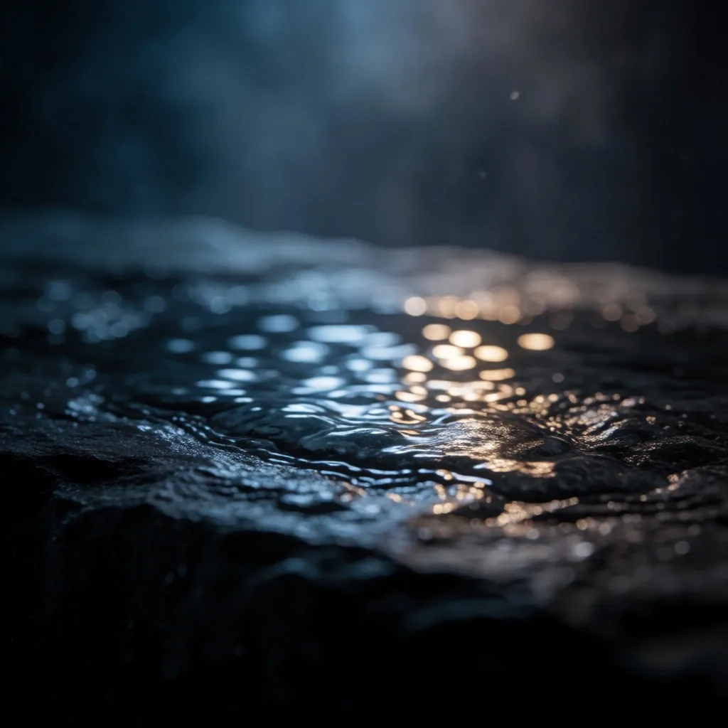 Water droplets on dark stone surface