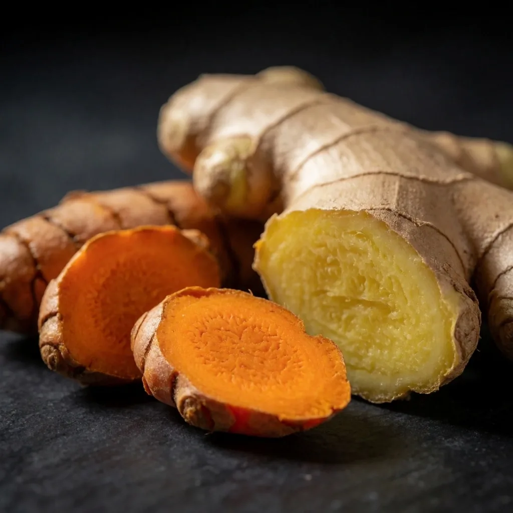 Fresh turmeric and ginger roots on dark surface