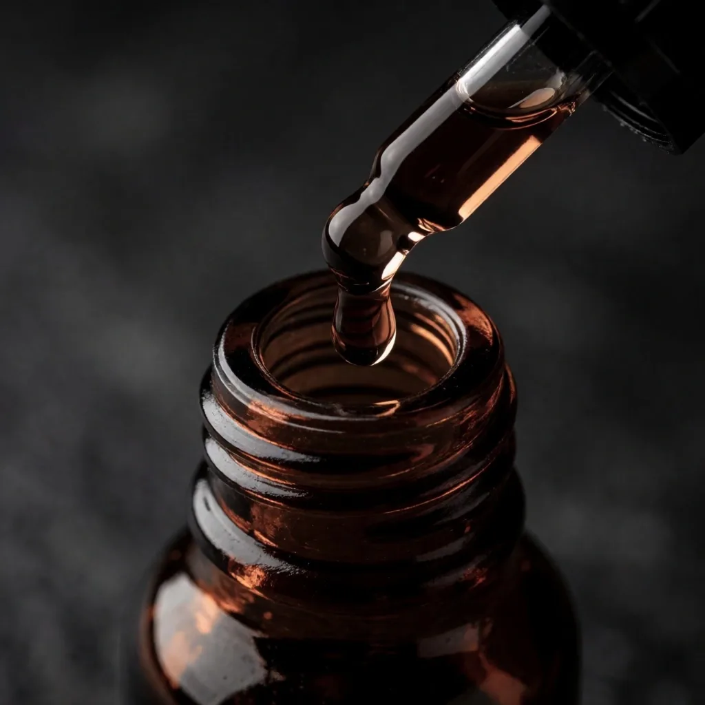 Liquid herbal extract in amber dropper bottle