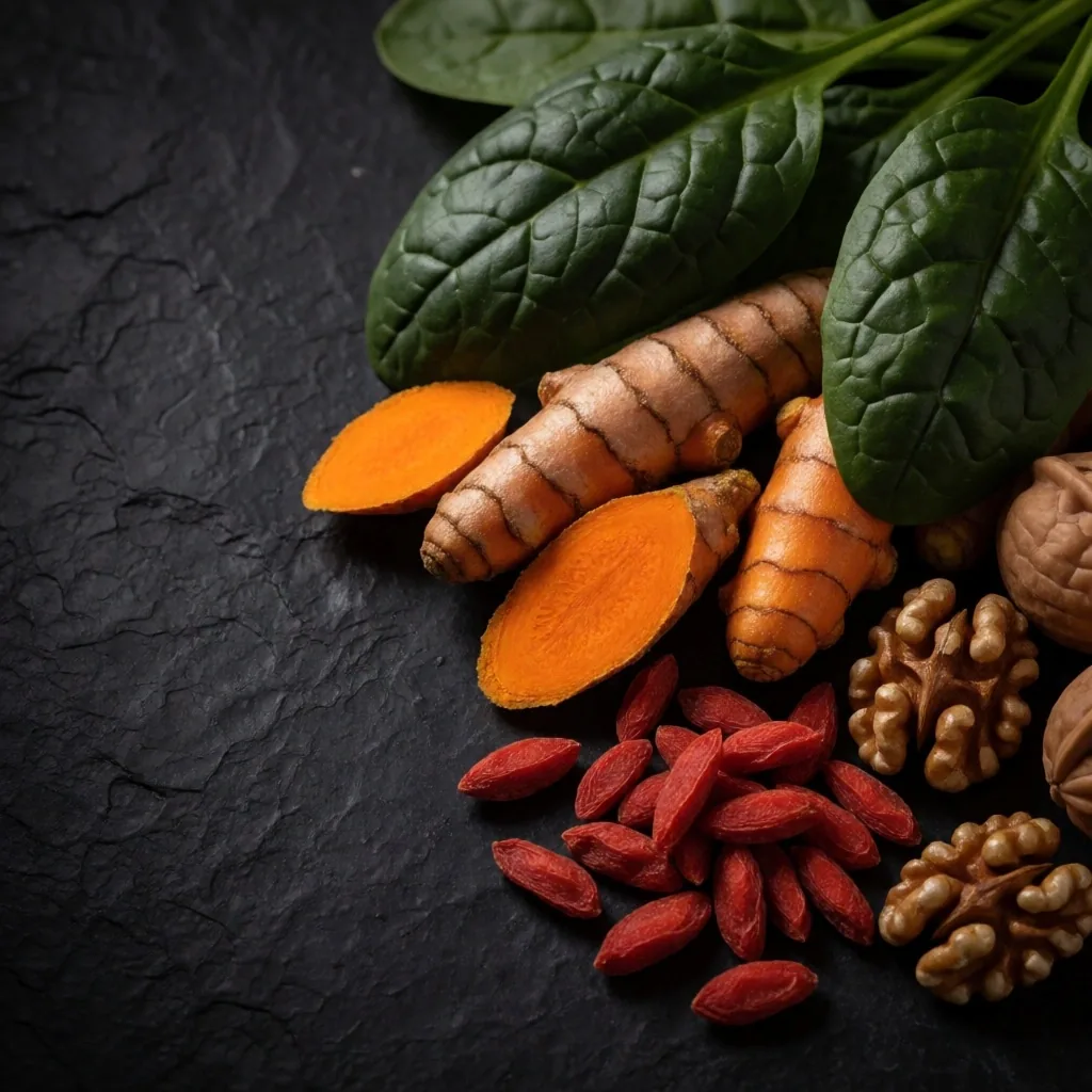 Whole food sources of natural vitamins arranged on dark surface