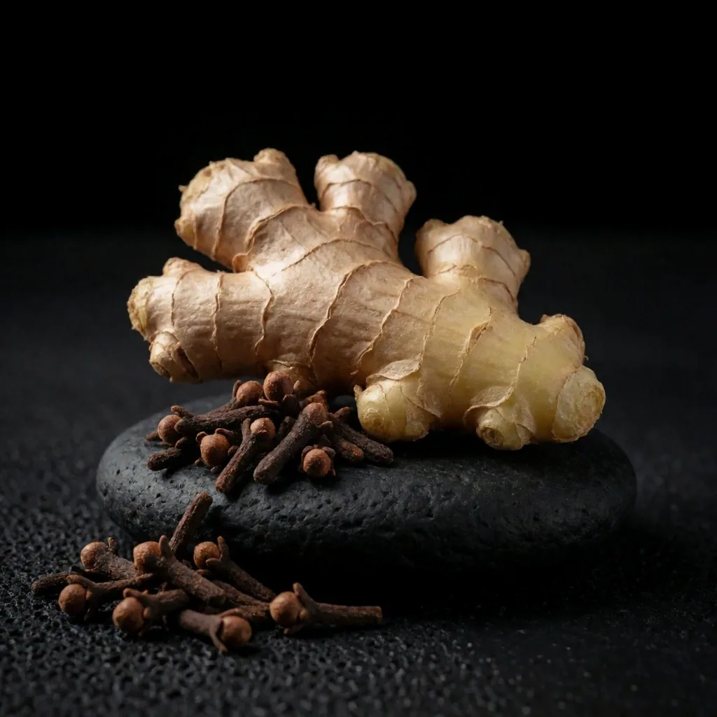 Botanical ingredients on a dark surface
