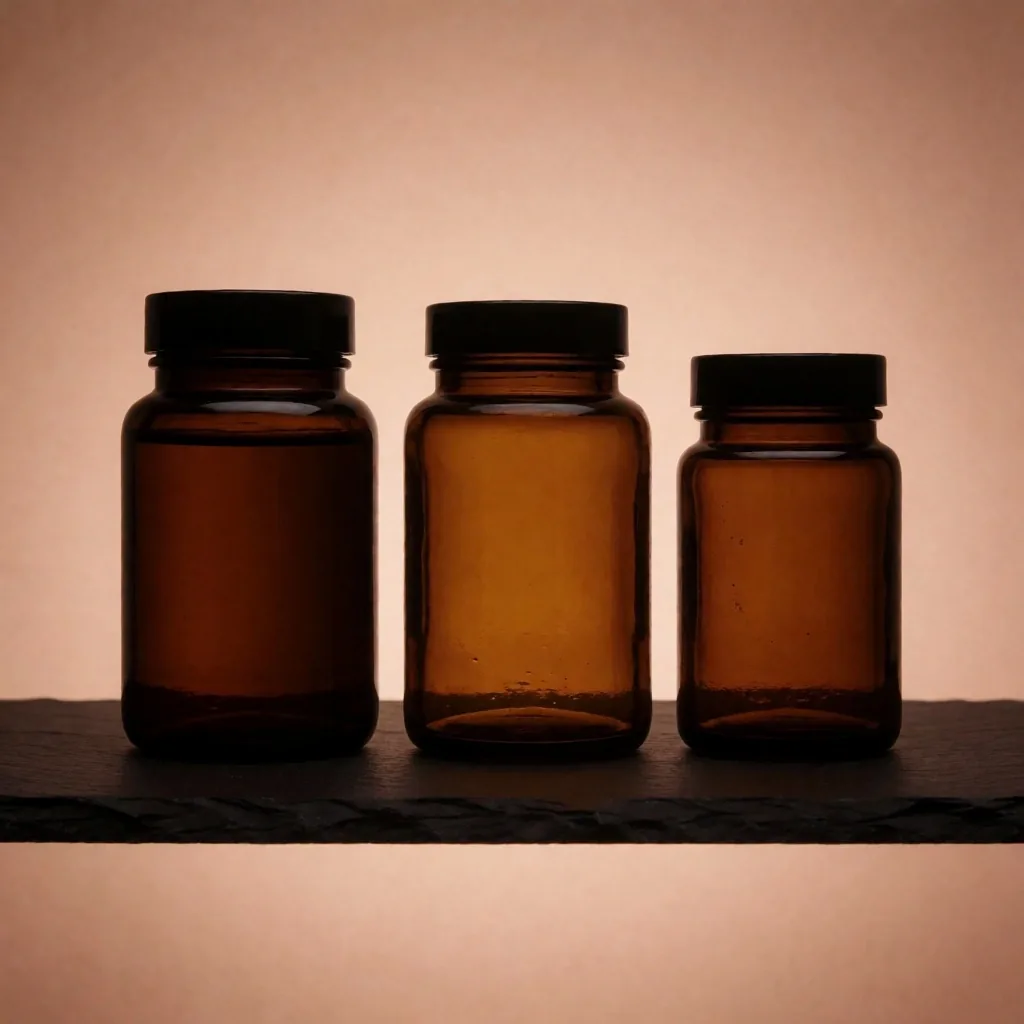 Amber glass supplement bottles on dark shelf