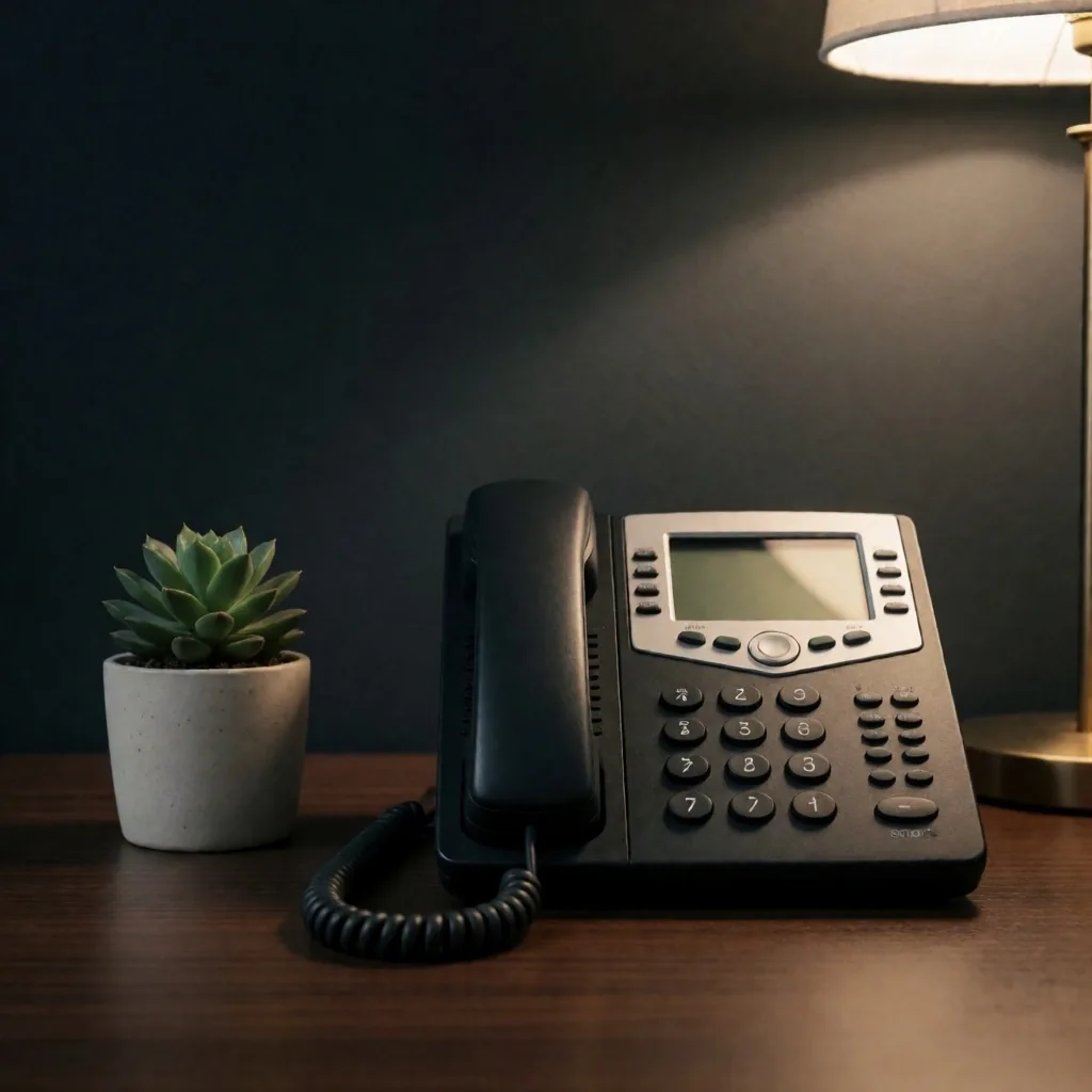 Desk with phone and small plant, dark wall