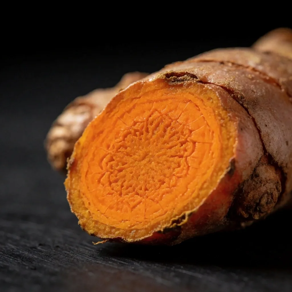 Fresh turmeric root cross-section, macro botanical photography