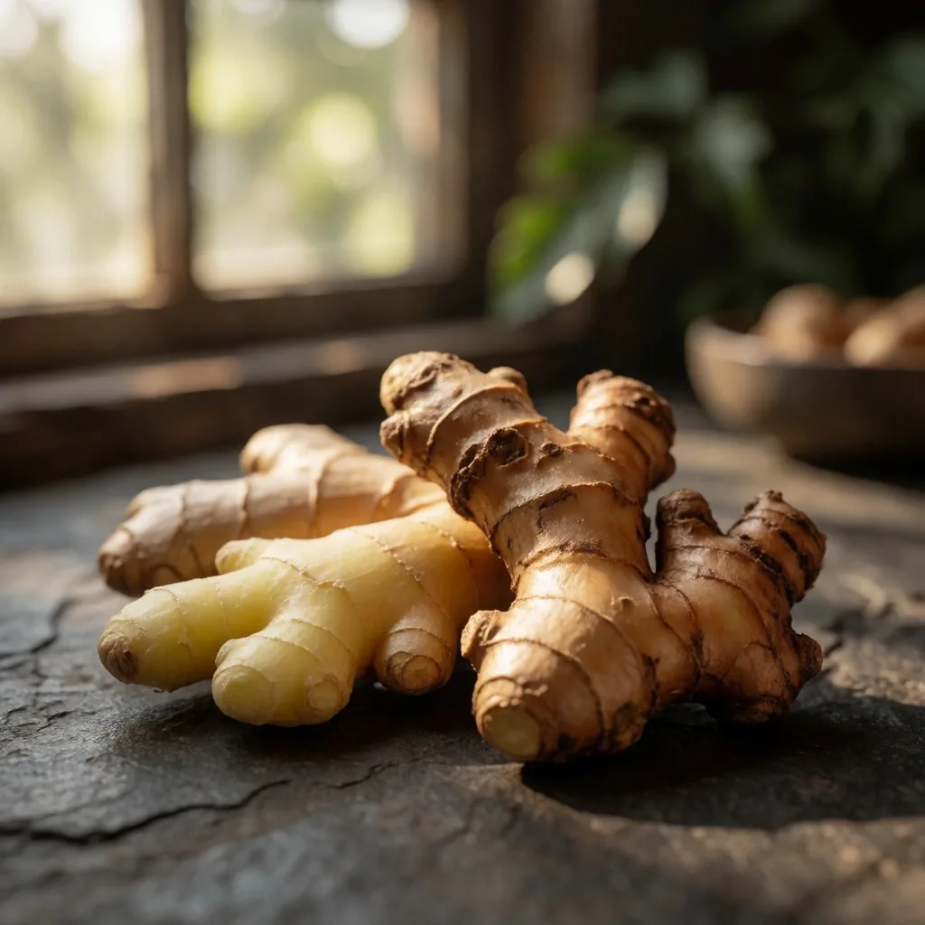 Fresh ginger root on dark surface