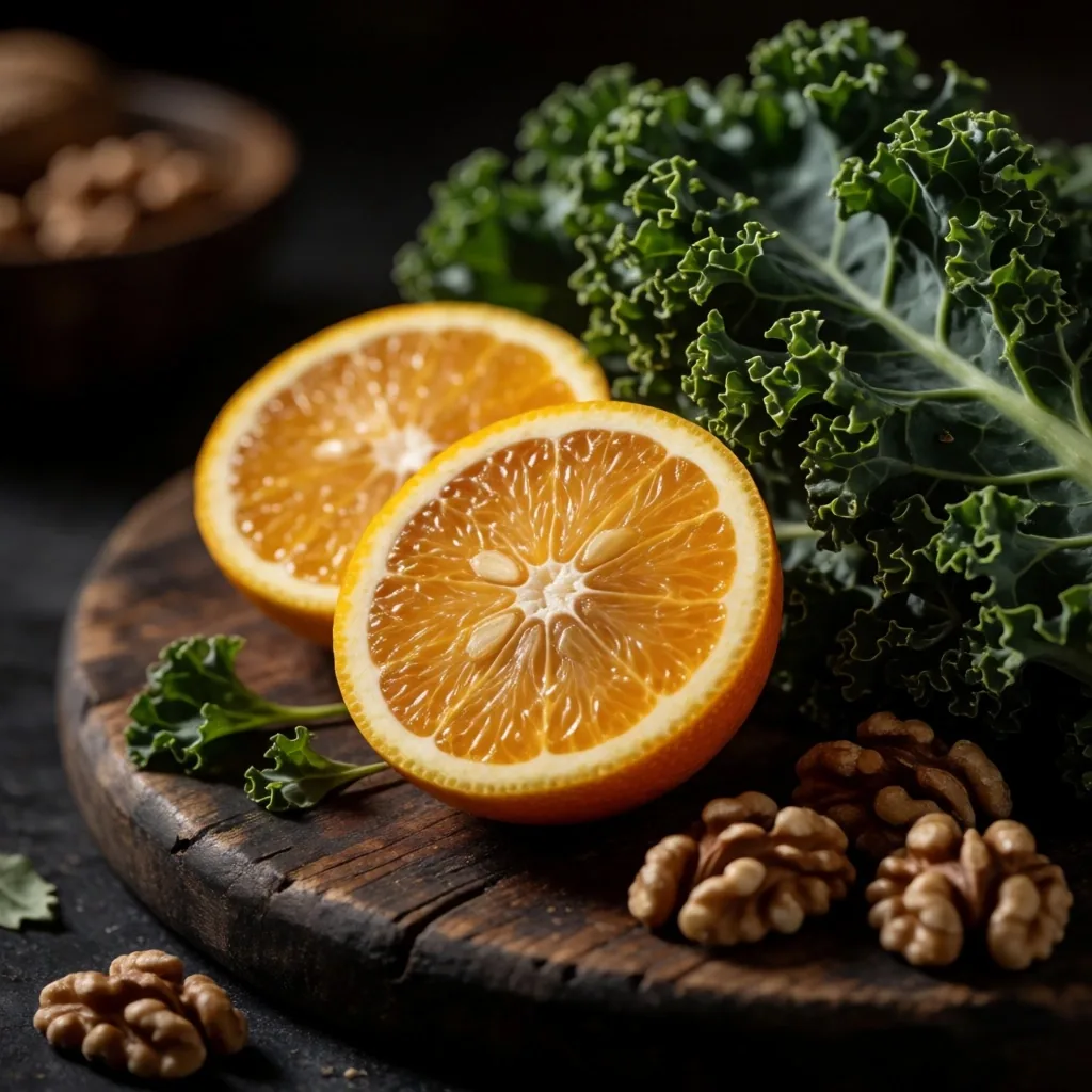Fresh vitamin-rich produce on dark cutting board