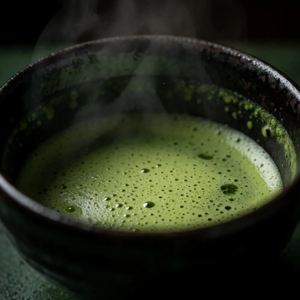 Green matcha tea poured into dark ceramic cup
