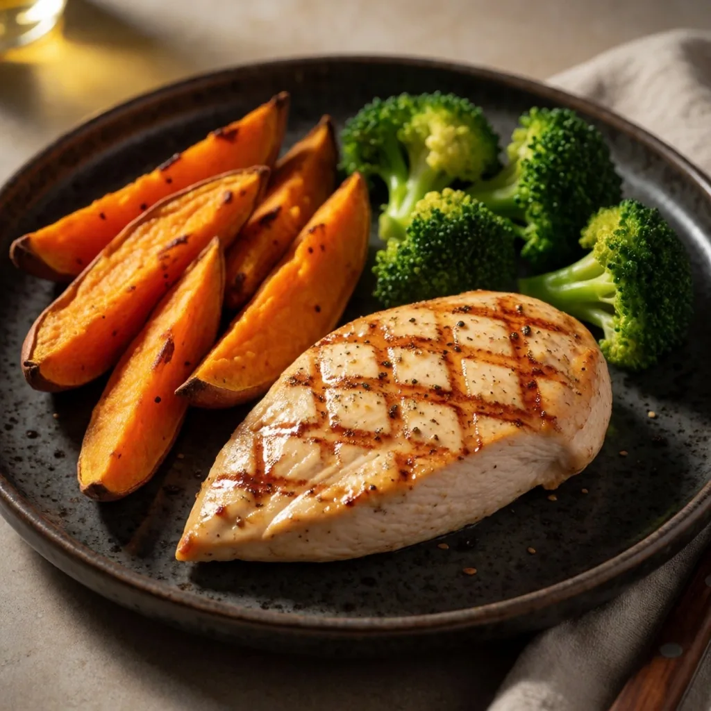 Grilled chicken with sweet potato and greens on dark plate
