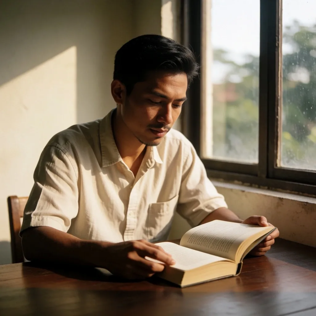 Man reading at a table near a window