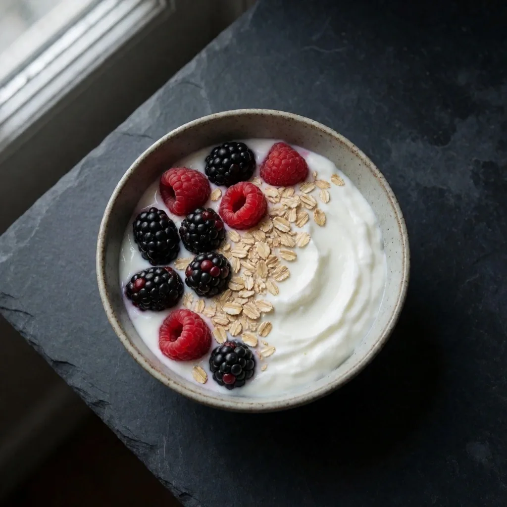Yogurt bowl with berries and oats on dark ceramic